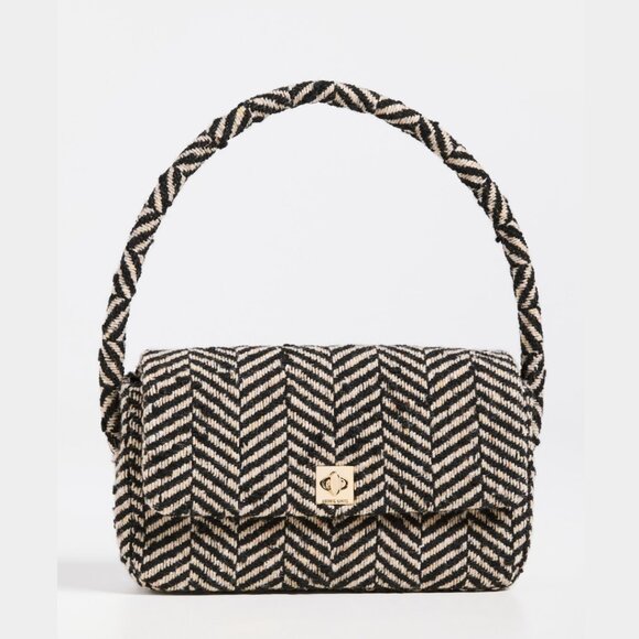 NWT Anine Bing Nico Shoulder Bag Fishbone Pattern Wool Blend Tweed Gold Lock